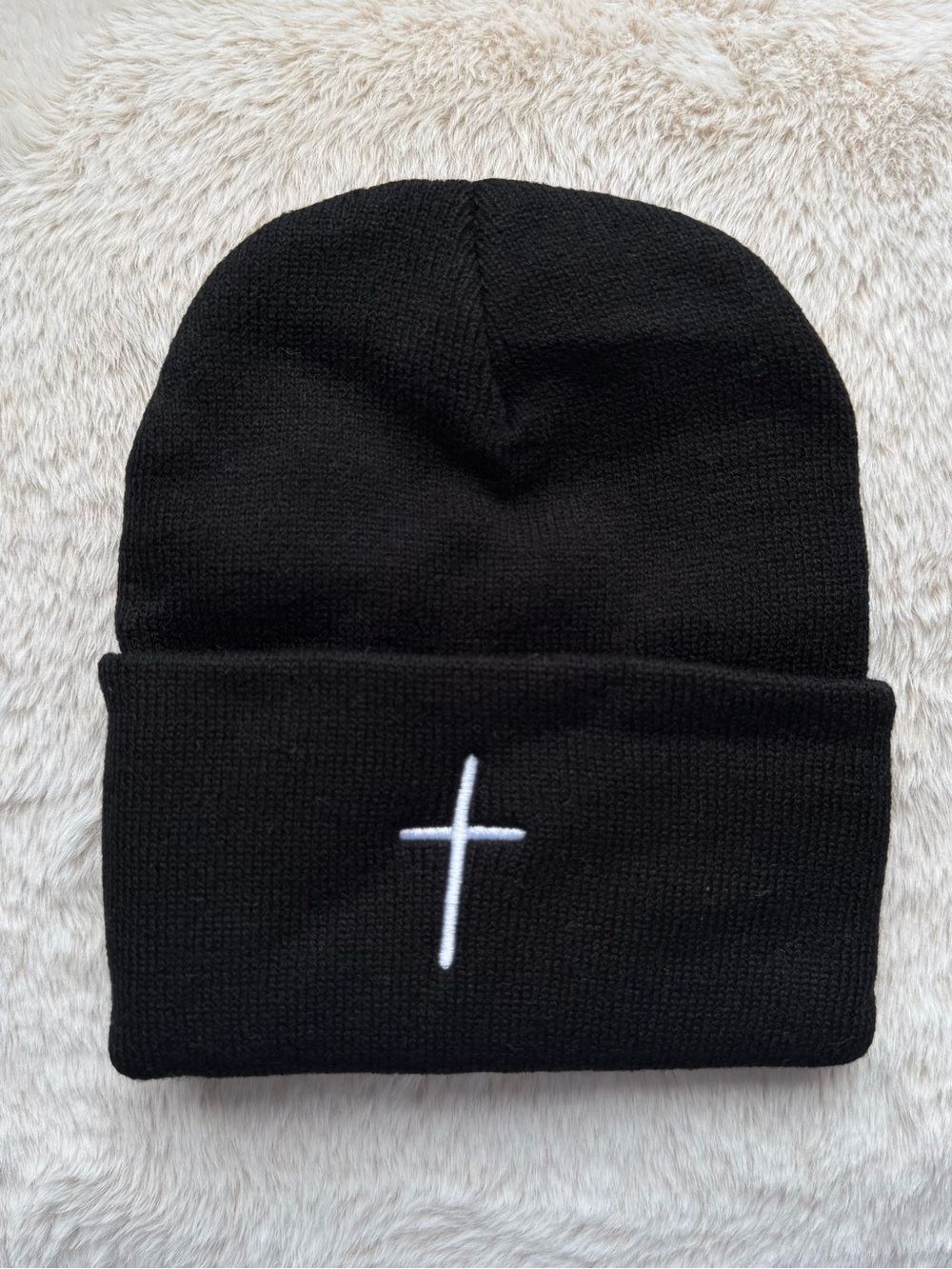 Embroidered White Cross Black Knit Beanie - Unisex